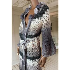 Handmade blue tones striped crochet duster cardigan tie waist  1 size